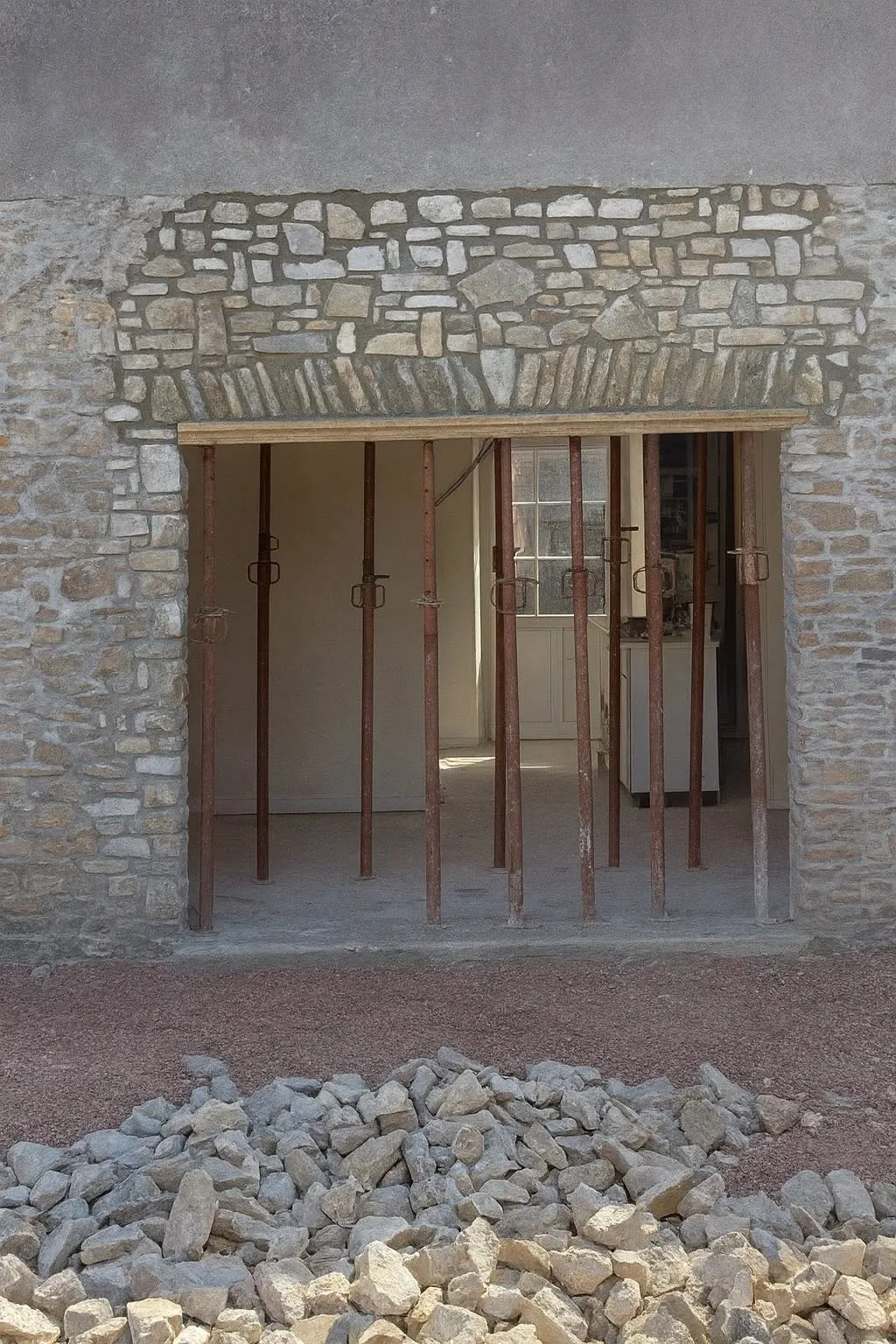 Ouverture créée dans un mur en pierre, linteau posé et étais métalliques en place